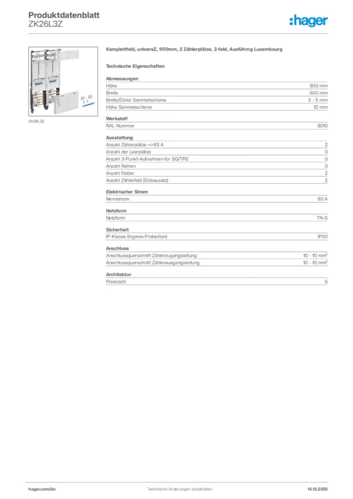 Bild Hager Produktdatenblatt ZK26L3Z | Hager Deutschland
