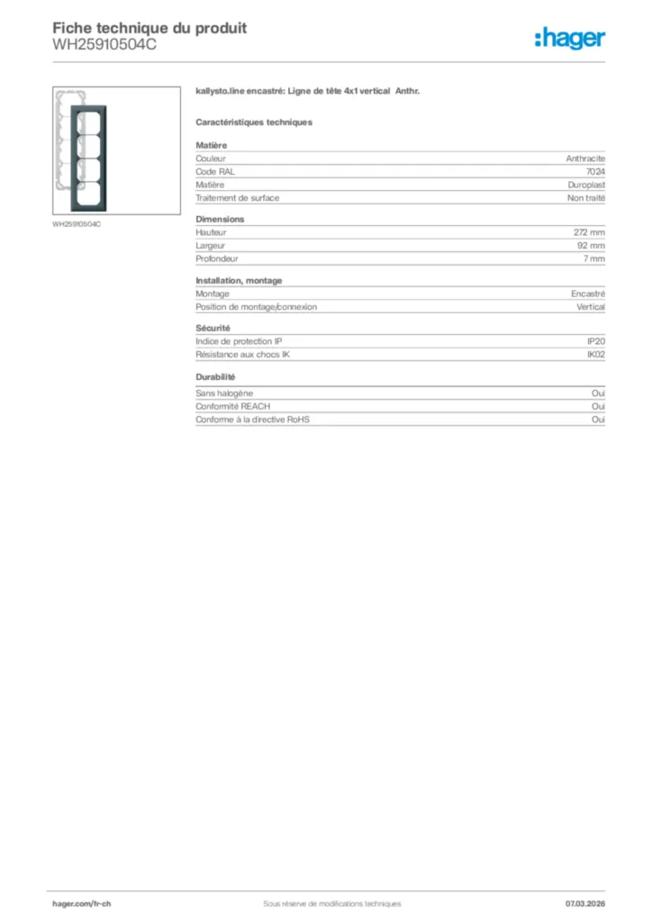 Image Hager Fiche technique du produit WH25910504C | Hager Suisse