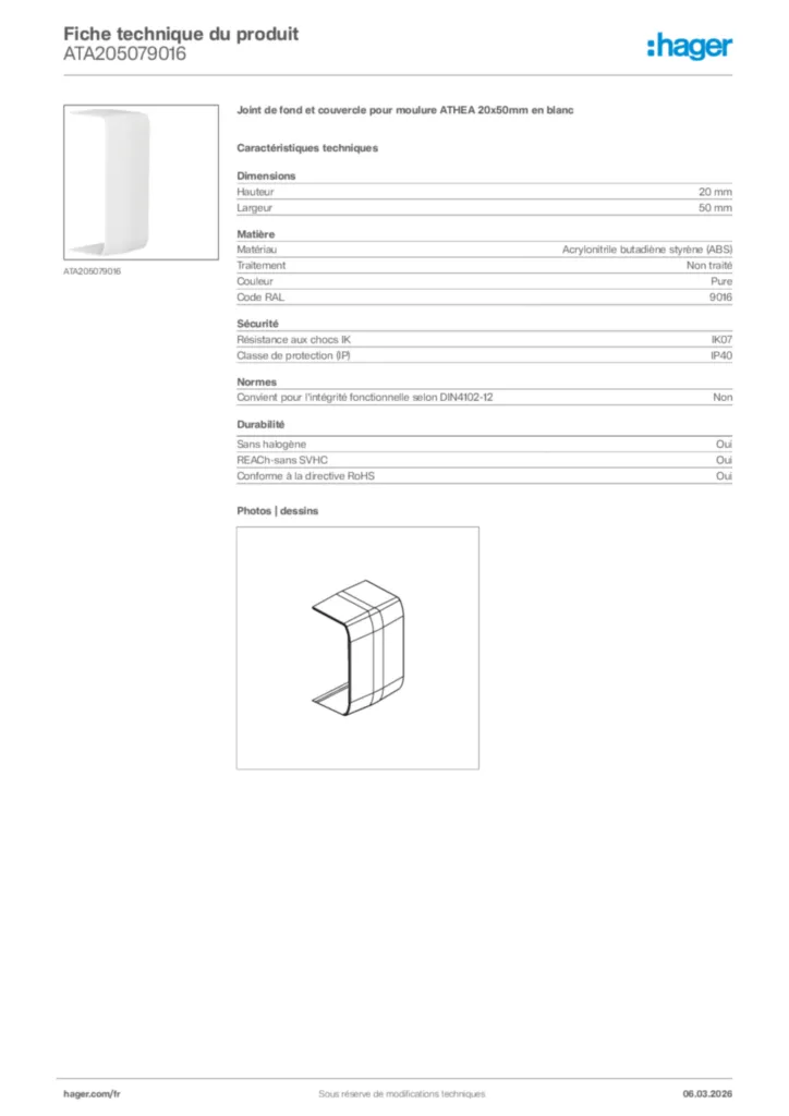 Image Hager Fiche technique du produit ATA205079016 | Hager France