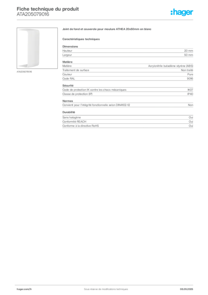 Image Hager Fiche technique du produit ATA205079016 | Hager France