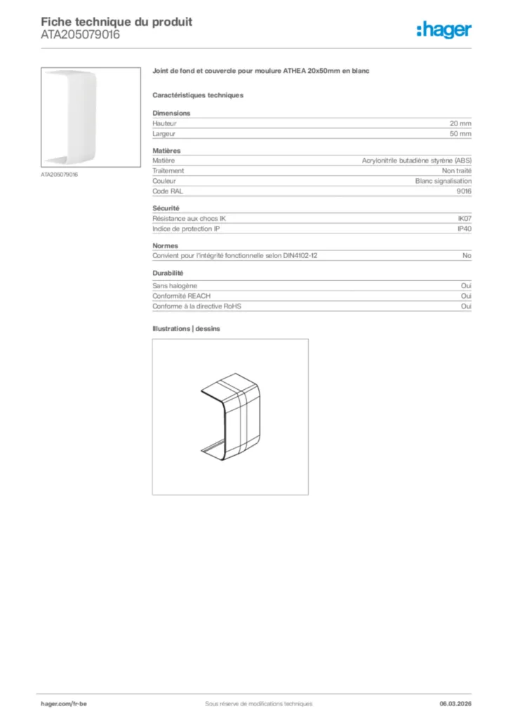 Image Hager Fiche technique du produit ATA205079016 | Hager Belgique