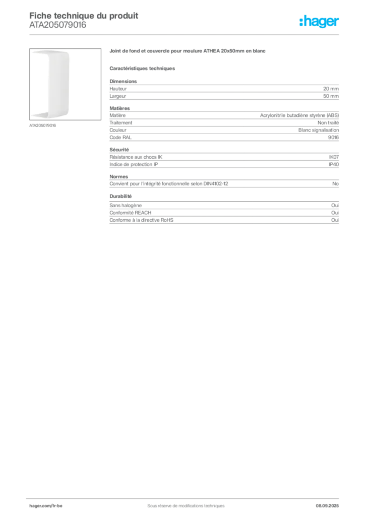 Image Hager Fiche technique du produit ATA205079016 | Hager Belgique