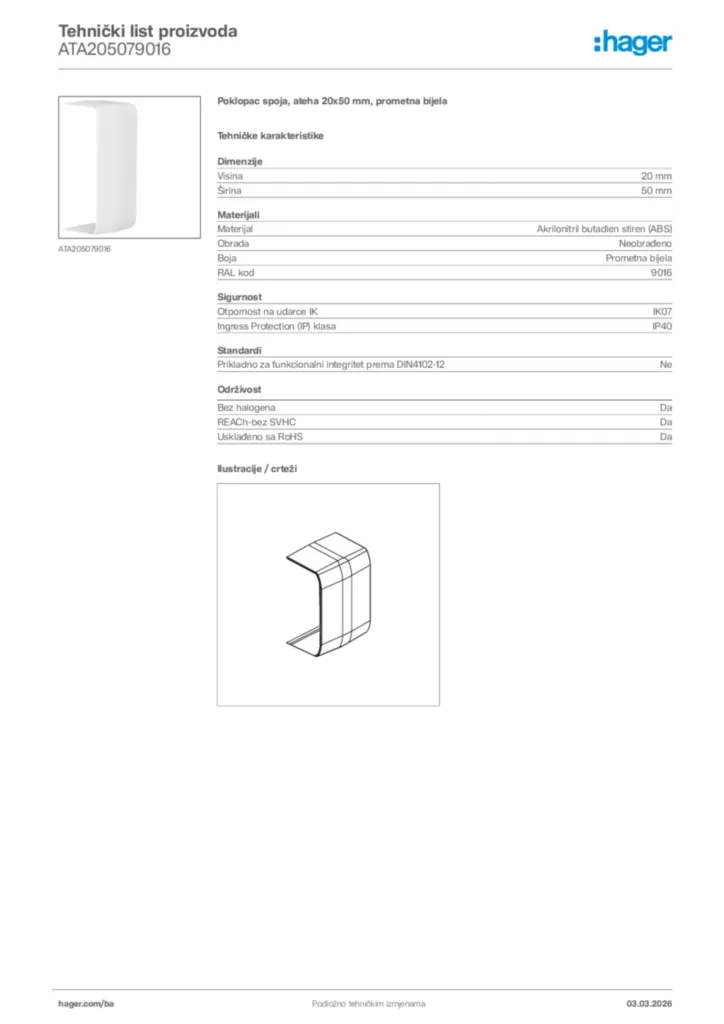 Slika Hager Tehnički list proizvoda ATA205079016  | Hager