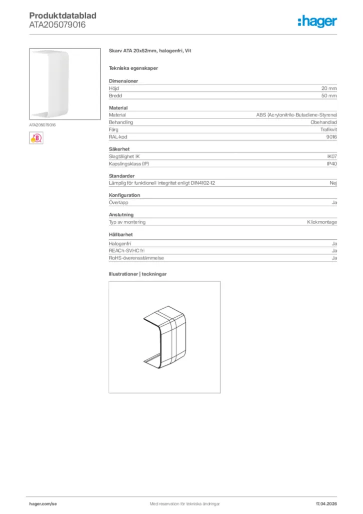 Bild Hager Produktdatablad ATA205079016 | Hager Sverige