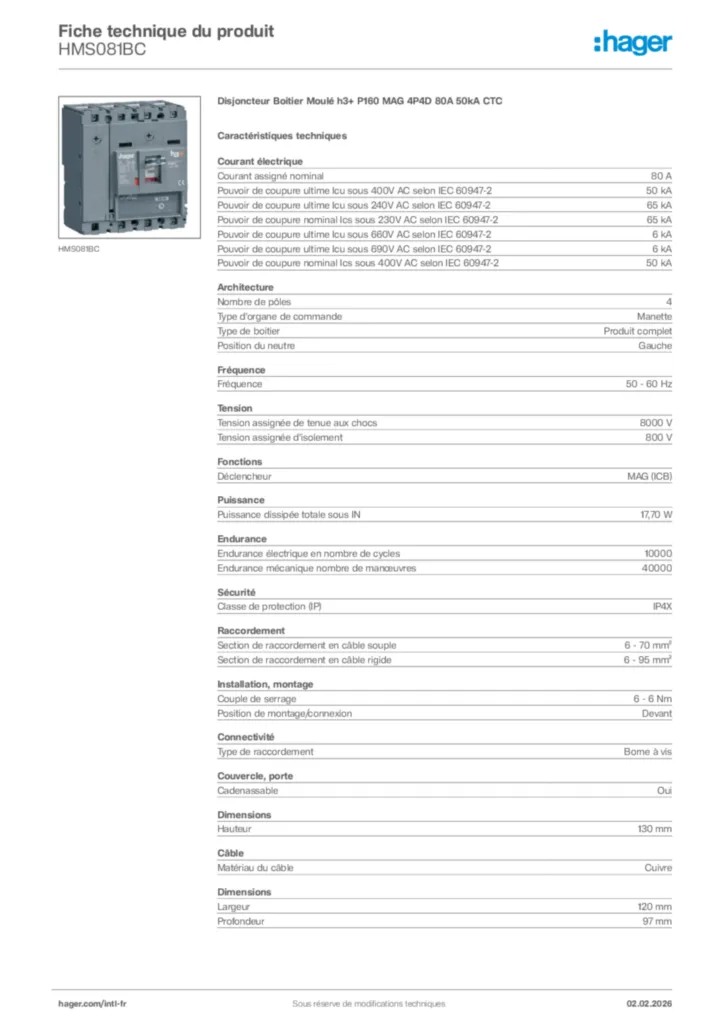 Image Hager Fiche technique du produit HMS081BC | Hager Afrique