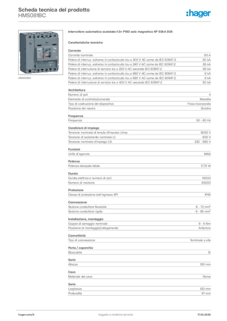 Immagine Hager Scheda tecnica del prodotto HMS081BC | Hager Italia