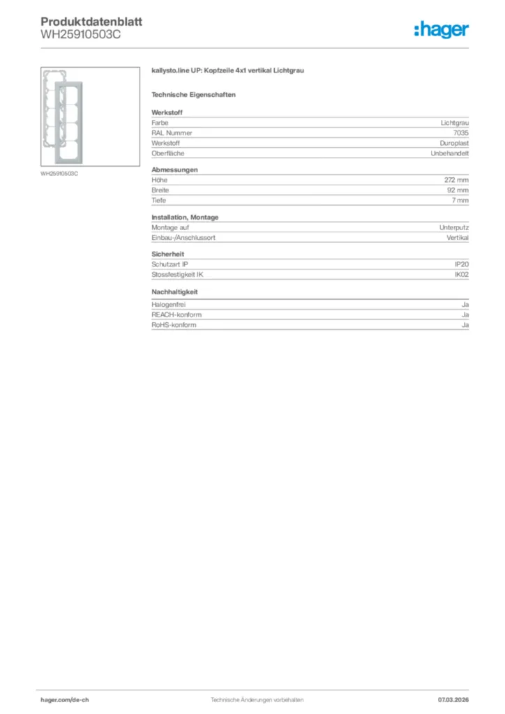 Bild Hager Produktdatenblatt WH25910503C | Hager Schweiz