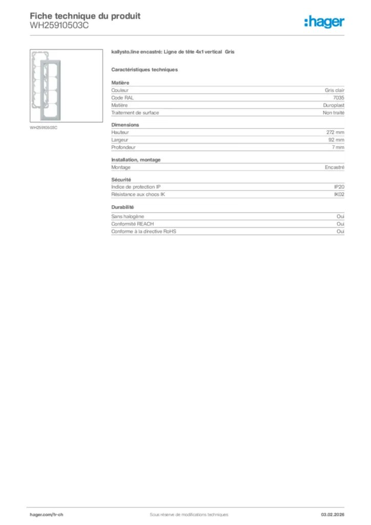 Image Hager Fiche technique du produit WH25910503C | Hager Suisse