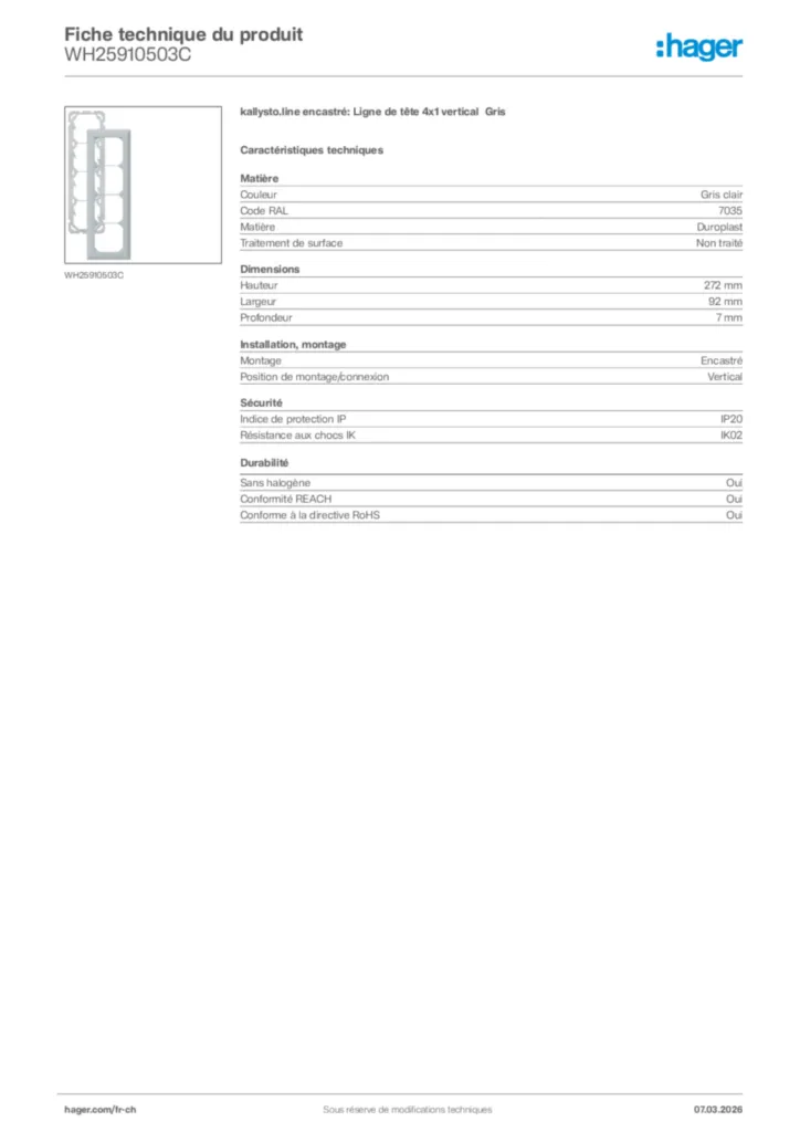 Image Hager Fiche technique du produit WH25910503C | Hager Suisse