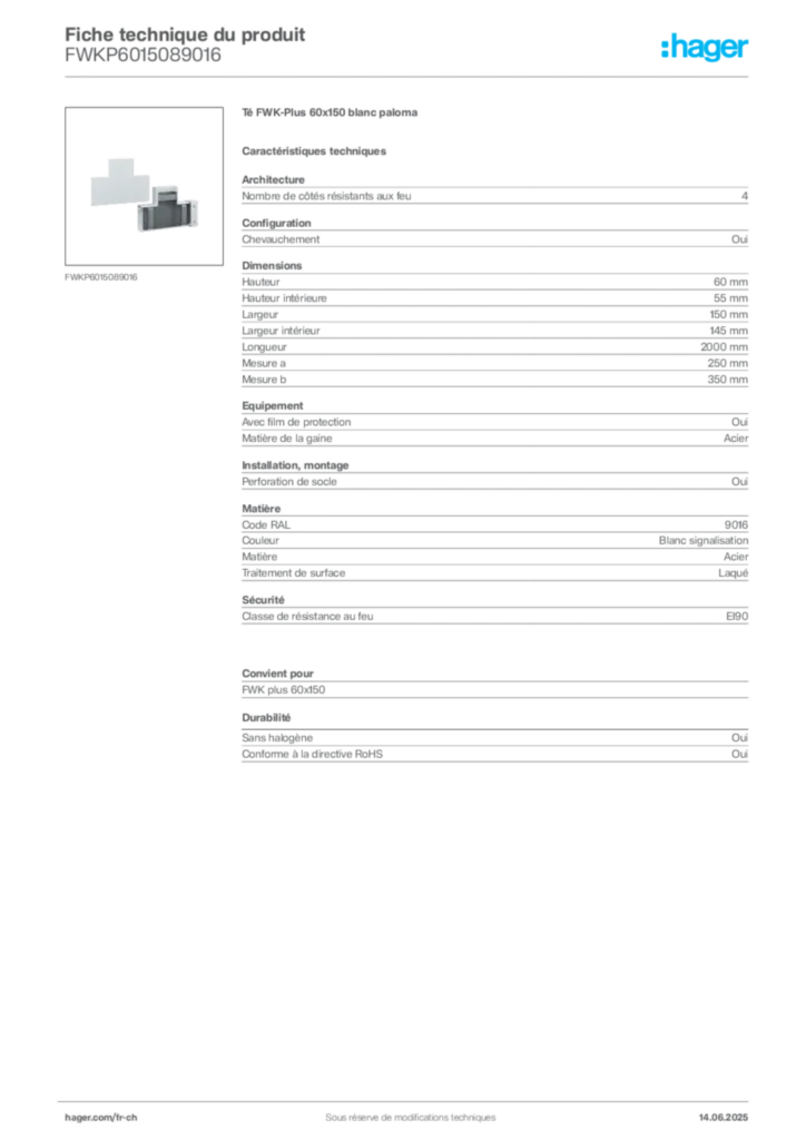 Image Hager Fiche technique du produit FWKP6015089016 | Hager Suisse