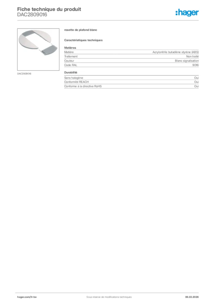 Image Hager Fiche technique du produit DAC2809016 | Hager Belgique