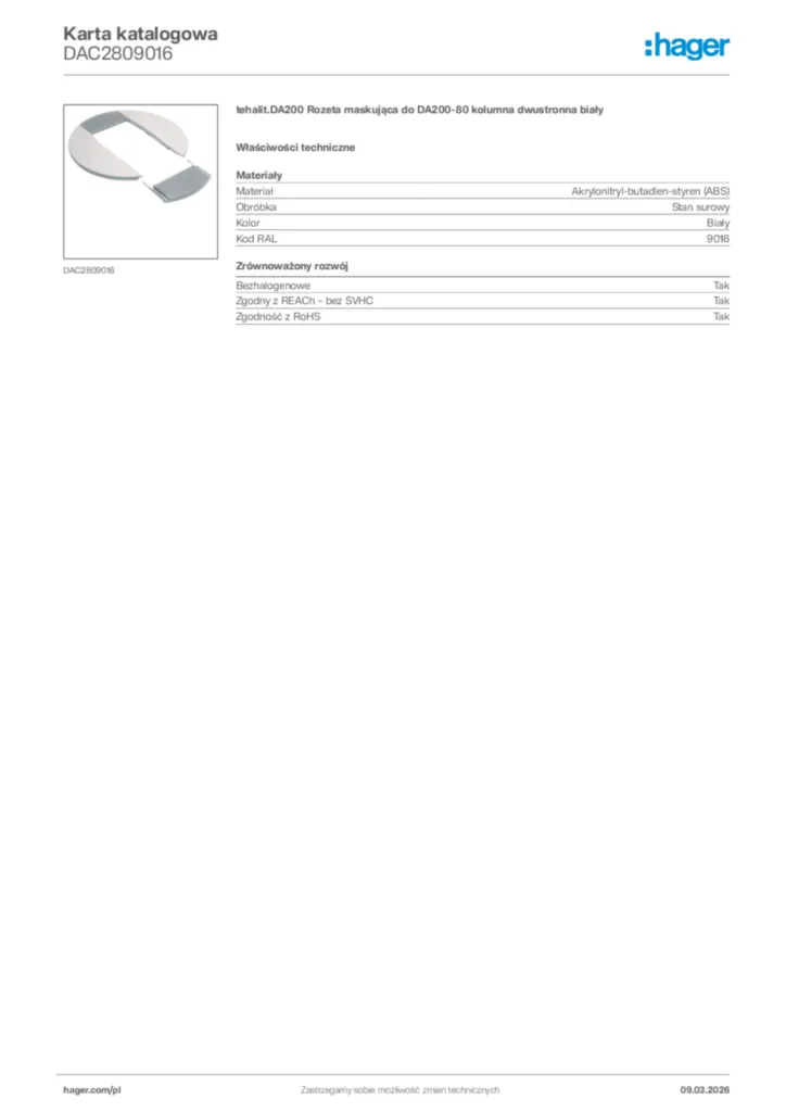 Zdjęcie Hager Karta katalogowa DAC2809016 | Hager Polska