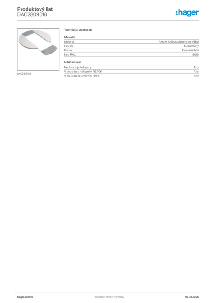 Obrázek Hager Product data sheet DAC2809016 | Hager