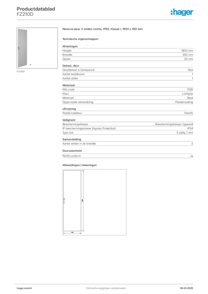 Afbeelding Hager Productdatablad FZ210D | Hager Nederland
