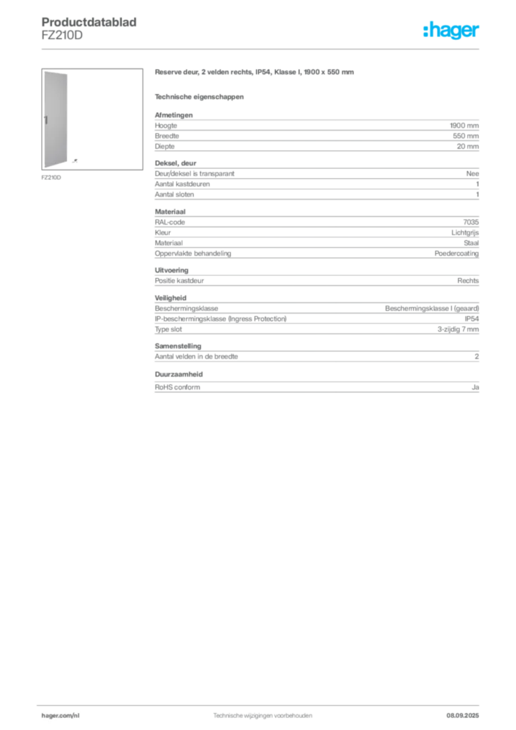 Afbeelding Hager Productdatablad FZ210D | Hager Nederland