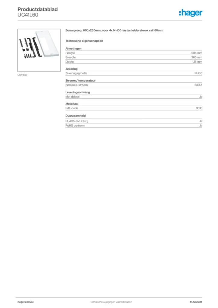 Afbeelding Hager Productdatablad UC41L60 | Hager Nederland