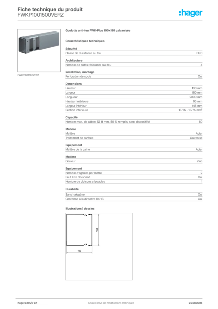 Image Hager Fiche technique du produit FWKP1001500VERZ | Hager Suisse
