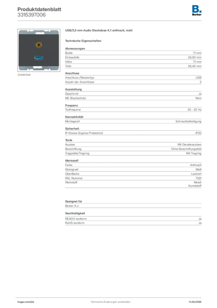 Berker Produktdatenblatt 3315397006