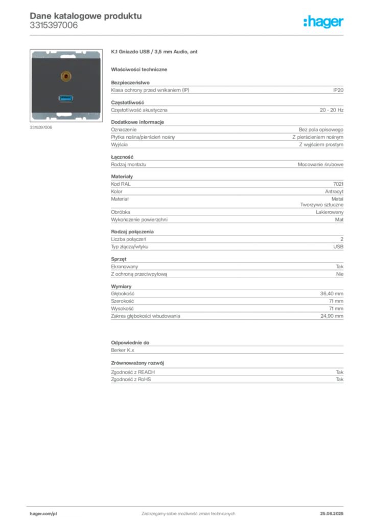 Zdjęcie Hager Karta katalogowa 3315397006 | Hager Polska
