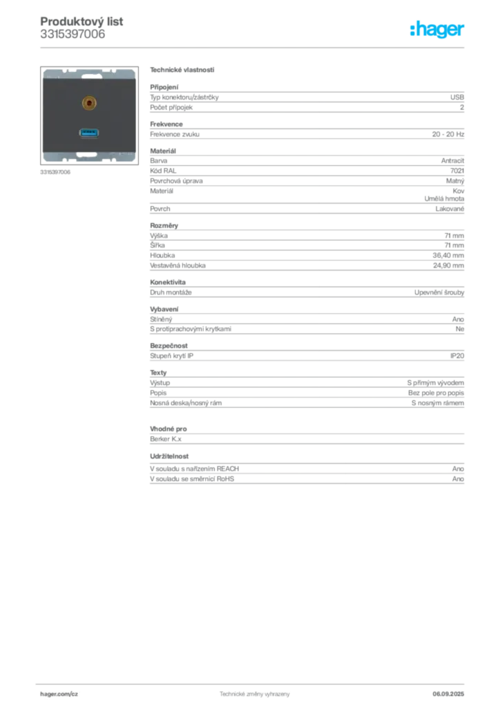 Obrázek Hager Produktový list 3315397006 | Hager