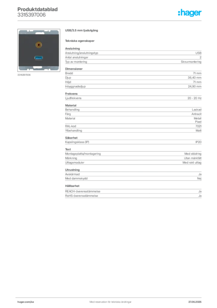 Bild Hager Produktdatablad 3315397006 | Hager Sverige