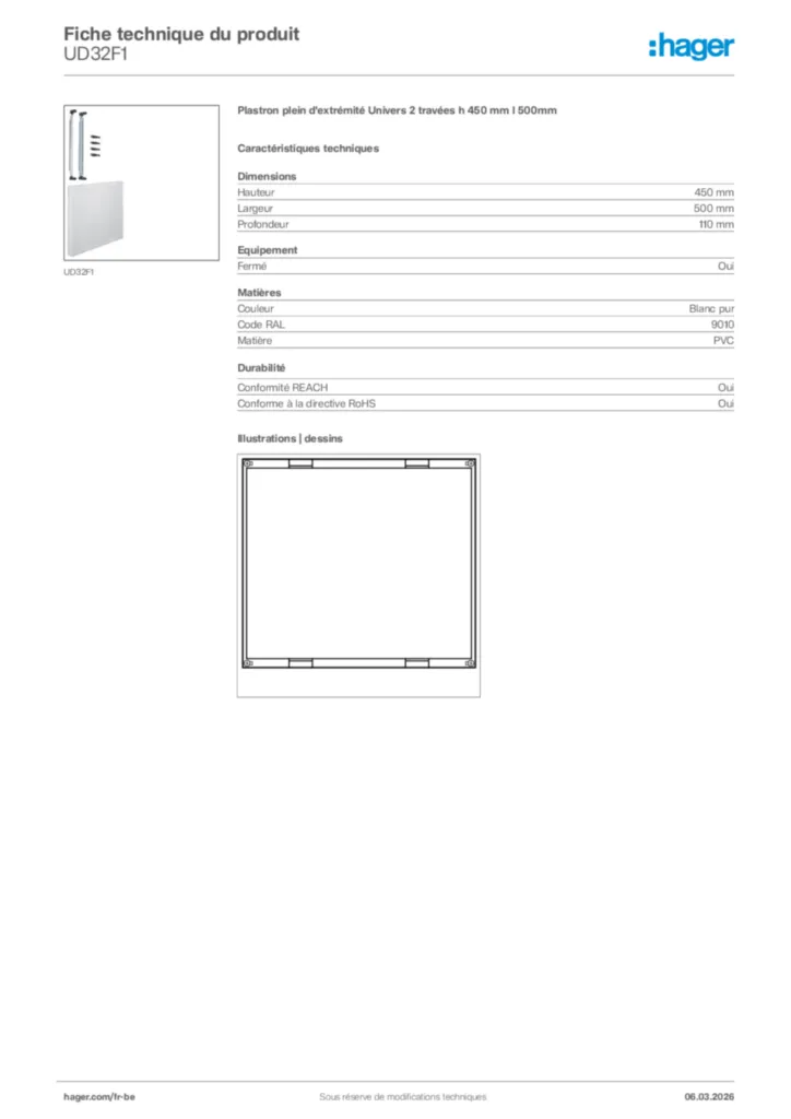 Image Hager Fiche technique du produit UD32F1 | Hager Belgique