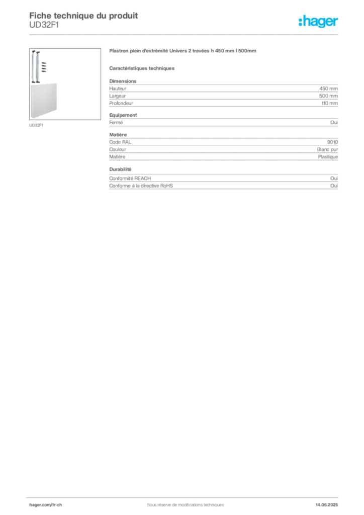 Image Hager Fiche technique du produit UD32F1 | Hager Suisse