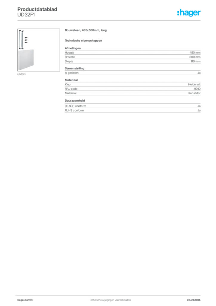 Afbeelding Hager Productdatablad UD32F1 | Hager Nederland