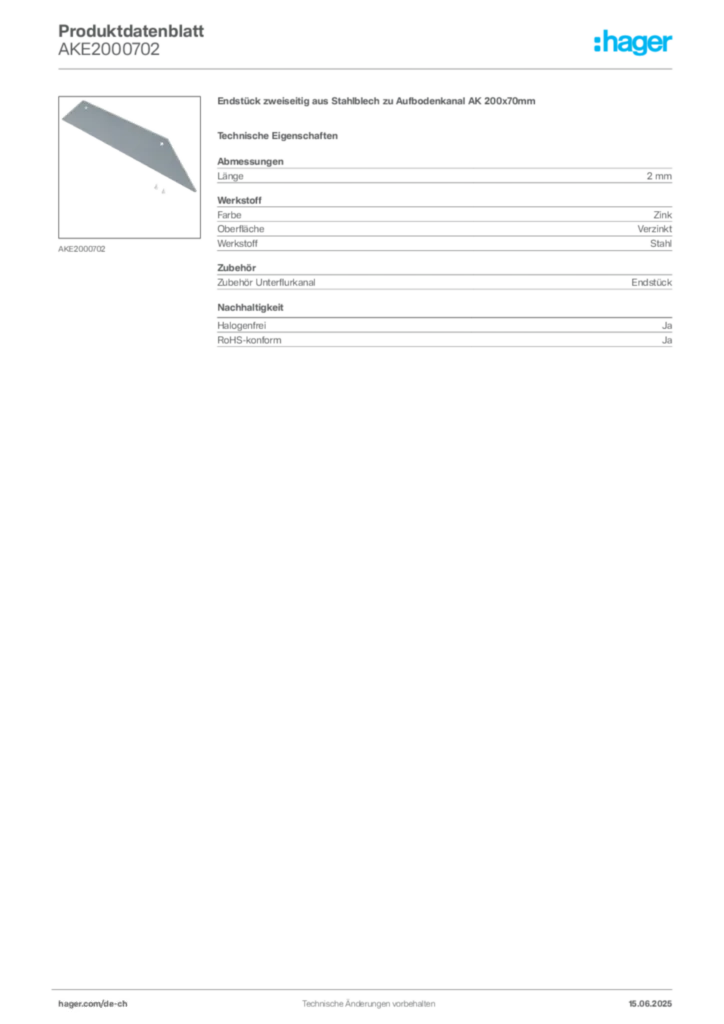 Bild Hager Produktdatenblatt AKE2000702 | Hager Schweiz