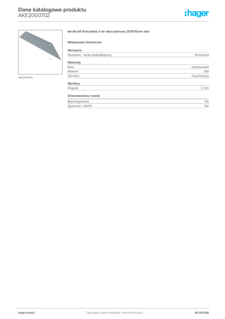 Zdjęcie Hager Karta katalogowa AKE2000702 | Hager Polska