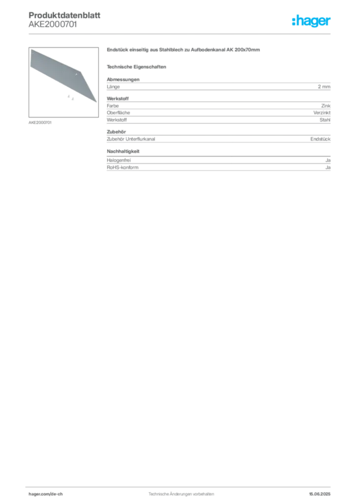 Bild Hager Produktdatenblatt AKE2000701 | Hager Schweiz