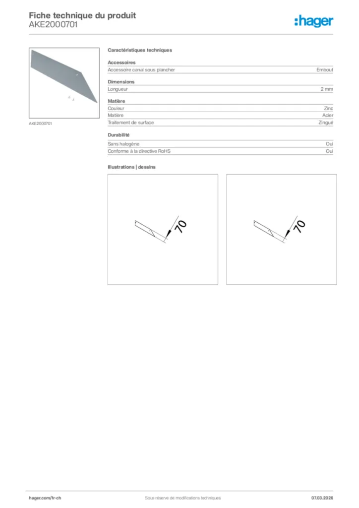 Image Hager Fiche technique du produit AKE2000701 | Hager Suisse