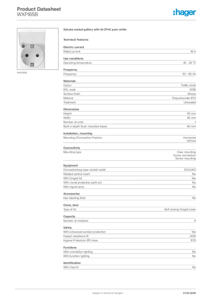 Image Hager Product data sheet WXF165B  | Hager Africa