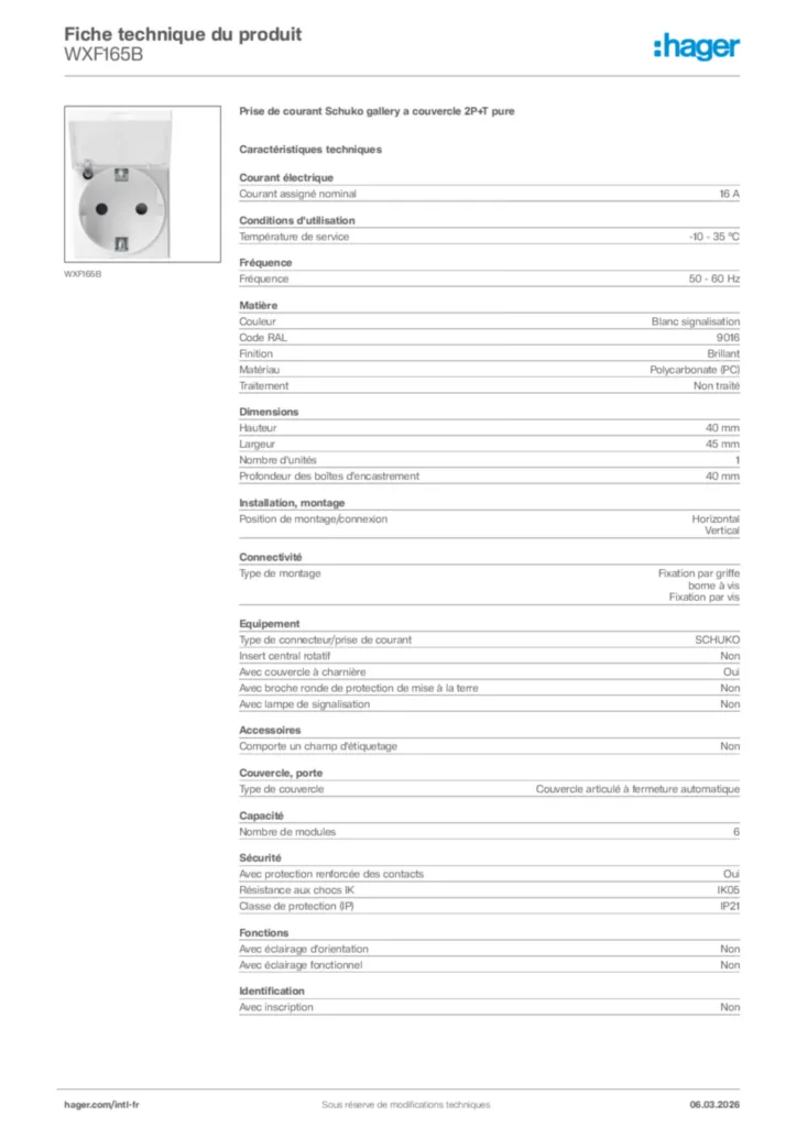 Image Hager Fiche technique du produit WXF165B | Hager Afrique