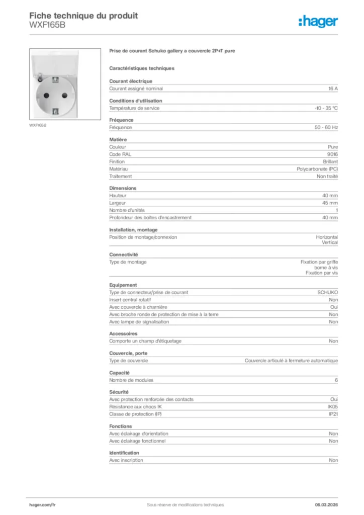 Image Hager Fiche technique du produit WXF165B | Hager France