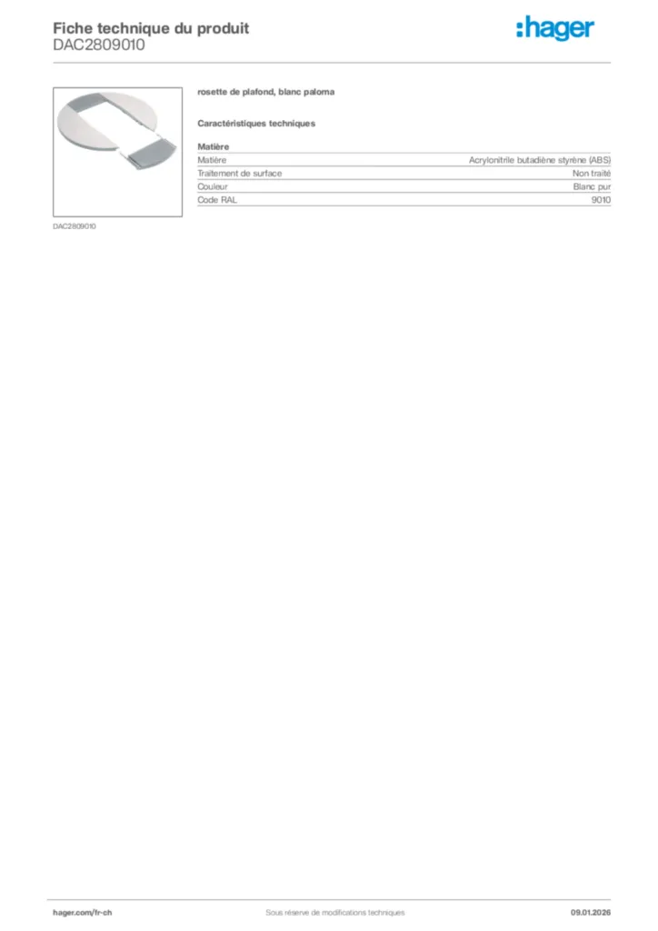Image Hager Fiche technique du produit DAC2809010 | Hager Suisse