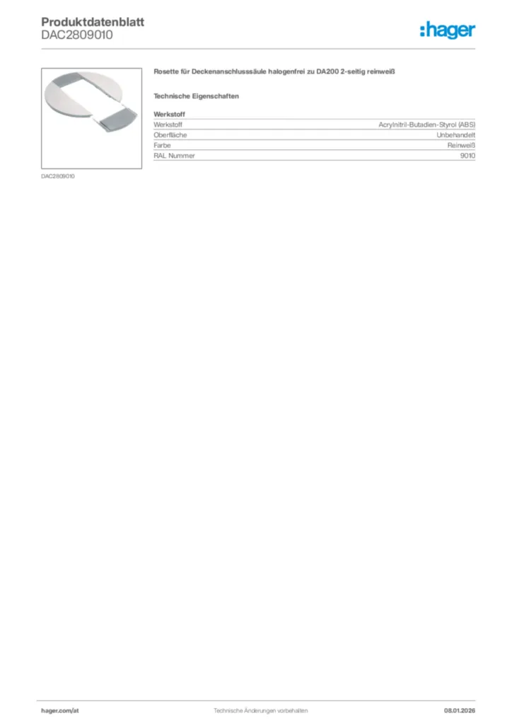 Bild Hager Produktdatenblatt DAC2809010 | Hager Deutschland