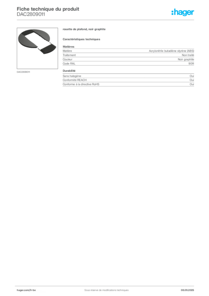 Image Hager Fiche technique du produit DAC2809011 | Hager Belgique