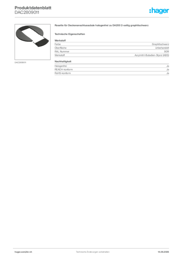 Bild Hager Produktdatenblatt DAC2809011 | Hager Schweiz