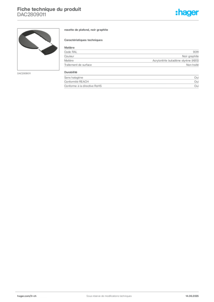 Image Hager Fiche technique du produit DAC2809011 | Hager Suisse