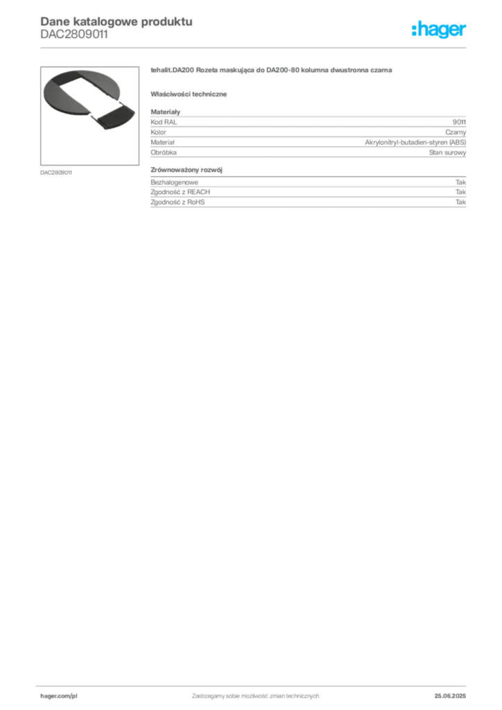 Zdjęcie Hager Karta katalogowa DAC2809011 | Hager Polska
