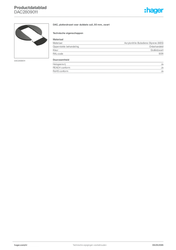 Afbeelding Hager Productdatablad DAC2809011 | Hager Nederland