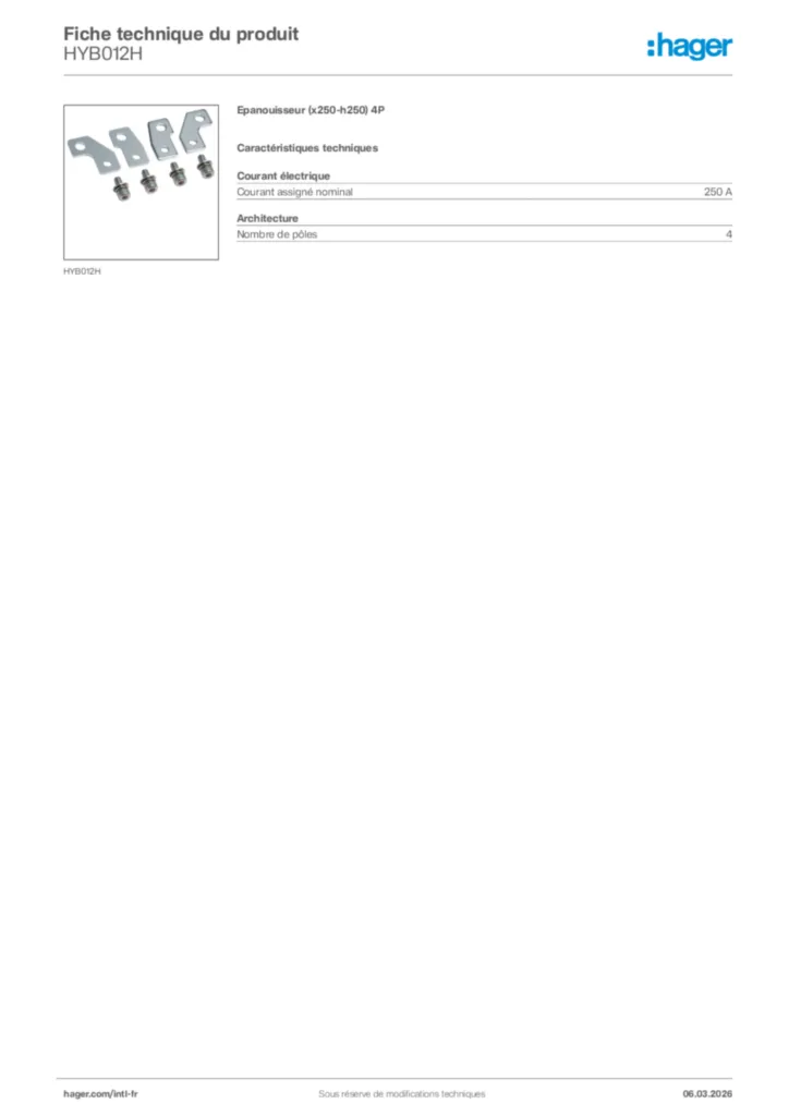 Image Hager Fiche technique du produit HYB012H | Hager Afrique