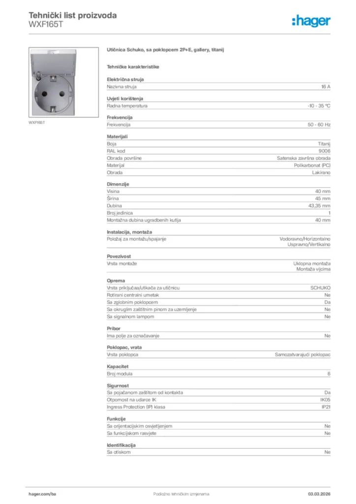 Slika Hager Tehnički list proizvoda WXF165T  | Hager