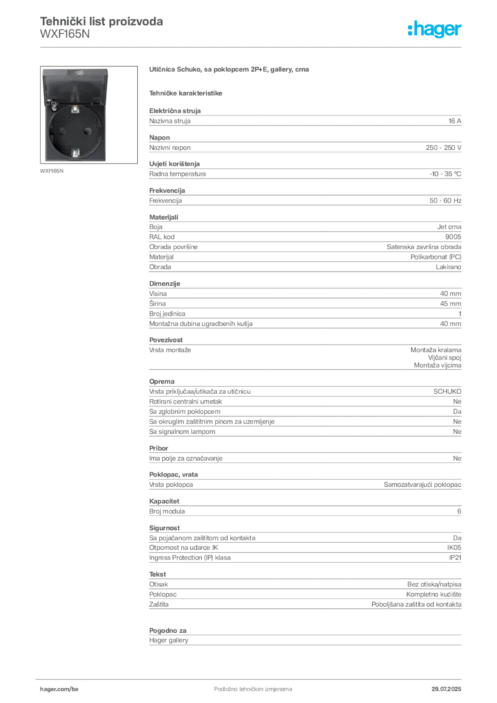 Slika Hager Product data sheet WXF165N  | Hager