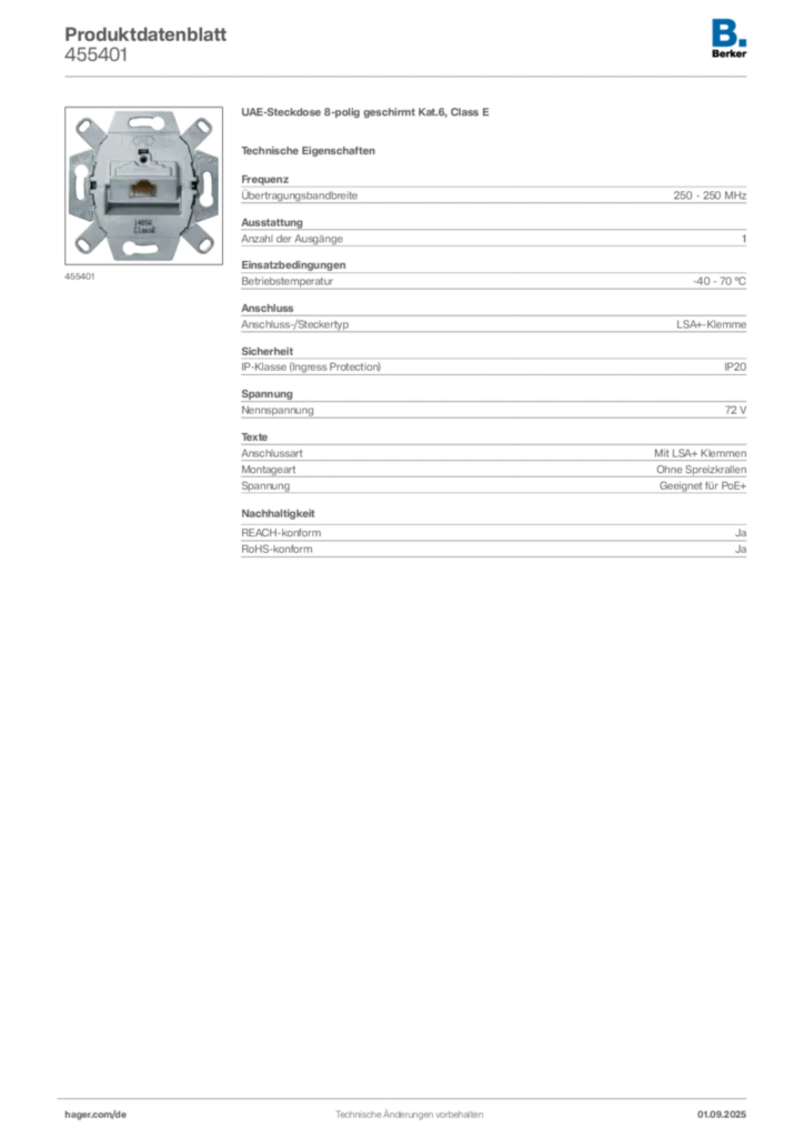 Bild Berker Produktdatenblatt 455401 | Hager Deutschland