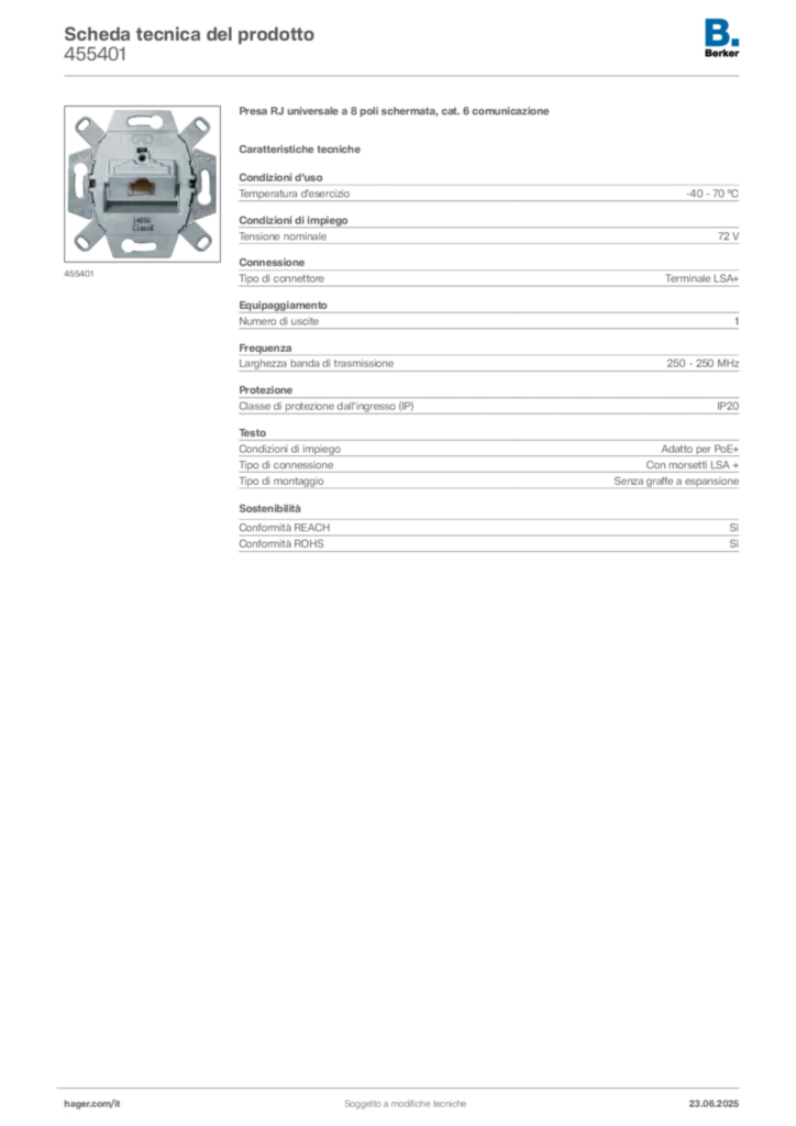 Immagine Berker Scheda tecnica del prodotto 455401 | Hager Italia