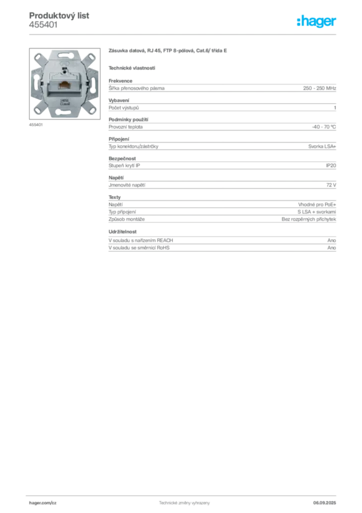 Obrázek Hager Produktový list 455401 | Hager