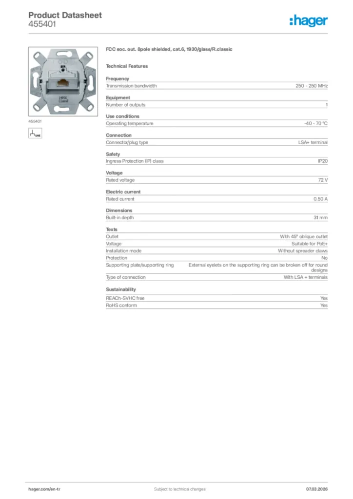 Image Hager Product data sheet 455401  | Hager