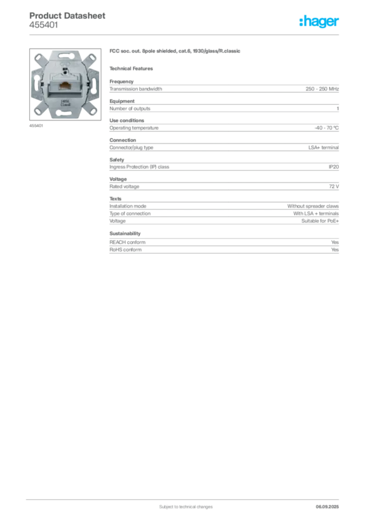 Image Hager Product data sheet 455401  | Hager